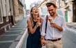 © NDABCREATIVITY - Portrait of happy couple having date and fun on vacation. People travel happiness concept.