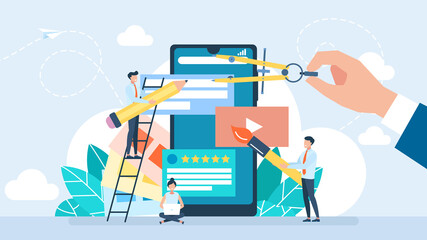The team develops the User Interface. Mobile Application. Tiny characters work on UI, UX app. Add palette. Creating a design for a website. Workplace of a designer. Flat design illustration
