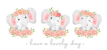 Group Of Three Cute Sweet Baby Elephant Pink Girl Adorable Smile Sitting On Flowers Bouquets, Watercolor Animal Nursery Cartoon Han Drawn Illustration