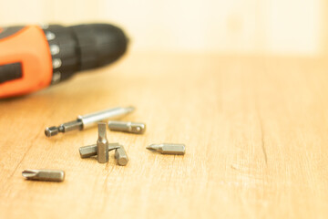 Metal screwdriver bits, background with place for text