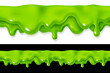 Green slime drop seamless. Liquid paint sauce drip. 3d realistic vector illustration isolated on black background. Halloween design. Flowing melted toxic blob. Horizontal leaking border