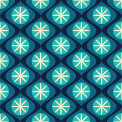 Poster - Ogee wavy floral 70s turquoise blue seamless pattern design illustration