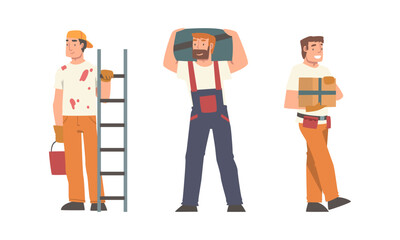 Sticker - Construction workers set. Builder, handyman or repairman characters with with working tools cartoon vector illustration