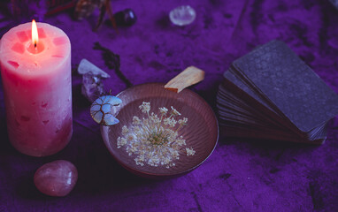 Magical scene, esoteric concept, fortune telling, tarot cards on a table	