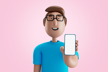 3d illustration ,Handsome cartoon character man in glases show smartphone with white blank mock up screen over pink background.