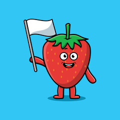 Wall Mural - Cute cartoon Strawberry mascot character with white flag in modern design 