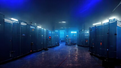 Leinwandbilder - Server room in a data center full of telecommunications equipment, big data storage concepts and cloud hosting technologies in blue color