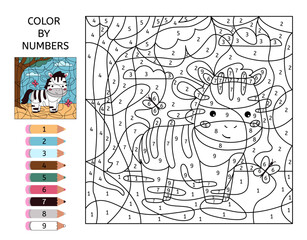 Wall Mural - Color by numbers. Coloring page with cute cartoon zebra. African animals. Learn numbers. Educational game. Puzzle for kids. Printable worksheet. Vector illustration for coloring book.