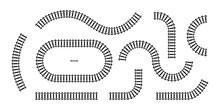 Vector Illustration Of Curved Railroad Isolated On White Background. Straight And Curved Railway Train Track Icon Set. Top View Railroad Train Pathes. 