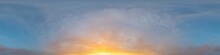 Bright Sunset Sky Panorama With Cirrus Clouds. Hdr Seamless Spherical Equirectangular 360 Panorama. Sky Dome Or Zenith For 3D Visualization, Game And Sky Replacement For Aerial Drone 360 Panoramas.