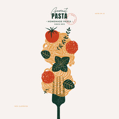 Wall Mural - Pasta on a fork. Pasta with meatball and basil. Italian food design template. Textured vintage illustration. Vector illustration