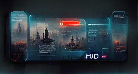 Leinwandbilder - Futuristic user interface with a hologram of the city. Game interfaces graphical technical control  design elements digital holographic city buildings and  information display