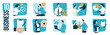 Set of 10 business vector illustrations: social networks, time pressure, cut prices, financial audit, dividing profit, signing contract, set a goal, cloud work, solution, assistant. 
