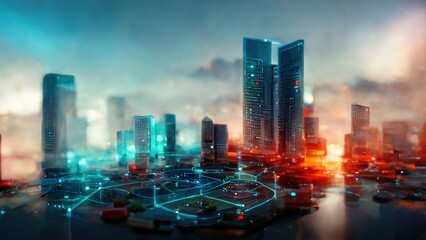 Fototapete - Modern concept of urban landscape and communication network. Telecommunications. IoT (Internet of Things). Intelligent network concept and connectivity technology