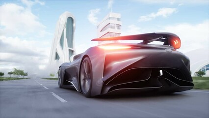 Wall Mural - Futuristic sport car very fast driving on highway. Futuristic city concept. Realistic 4k animation.