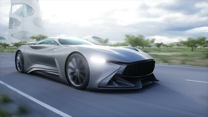 Wall Mural - futuristic sport car very fast driving on highway. futuristic city concept. realistic 4k animation.