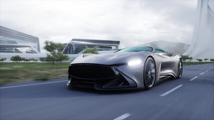 Wall Mural - futuristic sport car very fast driving on highway. futuristic city concept. 3d rendering.