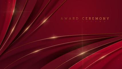 Gold curved lines on red luxury background with glitter light effects decorations.