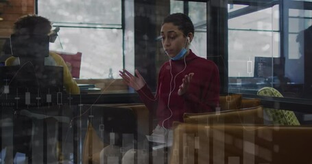 Poster - Animation of statistical data processing over biracial woman having a videocall on laptop at office