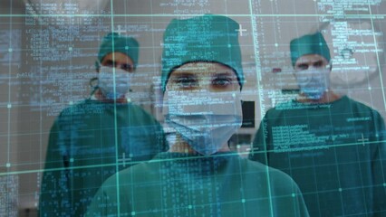 Canvas Print - Animation of data processing over portrait of team of surgeons in operation theatre at hospital