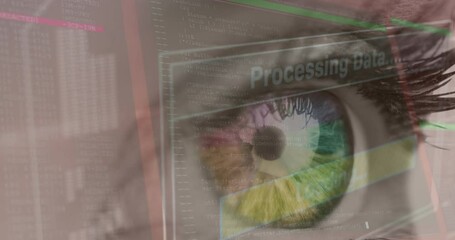 Wall Mural - animation of digital screen with data processing over eye of caucasian woman