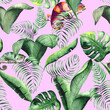 Seamless pattern with tropical leaves and bright chameleons. Textile, wallpaper, packaging design, hand-painted, watercolor.