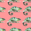 Seamless pattern with green striped chameleons. Watercolor bright background for textiles, wallpaper, packaging, diapers and children's clothing.