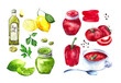A collection of colorful dishes and vegetables on a white background. Watercolour. Tomatoes, peppers, olives, parsley, pesto, gazpacho, ketchup, lemon and olive oil. Kitchen decor.