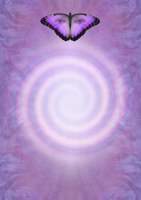 Spiritual Butterfleyes Concept  Background - Beautiful Ethereal Large Pink Spiral Certificate Award  Diploma Announcement Advert Template In Magenta And A Butterfly With Human Eyes Watching 
