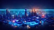 Futuristic neon city in an isometric form. The concept of connecting devices, communication between devices. Future city transport system banner.