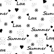 Love And Summer Seamless Pattern. Heart, Flowers And Lettering. Prints, Packaging Design, Textiles, Bedding And Wallpaper.