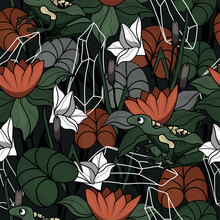 Seamless Floral Pattern With Skull. Vector Illustration Of A Spring Bouquet. Botany. Graphic Drawing. A Magical Pattern. Halloween. Poppies, Lotuses, Leaves, Skull, Pentagram.