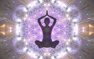Wall Mural - Silhouette of a girl in Lotus position on the background of the fractal universe. A state of trance and deep meditation. A spiritual journey in the universe.