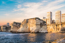 Beautiful View Of The Pigeon Rocks On The Promenade In The Center Of Beirut, Lebanon