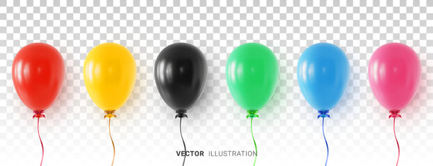 Wall Mural - set of colorful helium balloons with tied bows and colored ribbons. realistic 3d vector illustration