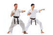 © master1305 - Two athletes, karate-do fighters in doboks practicing karate isolated on white background. Concept of sport, education, skills, martial arts, healthy lifestyle