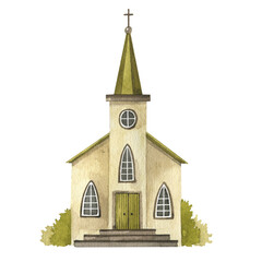 Old church.  Watercolor illustration. Isolated object on a white background. Hand-drawn illustration.