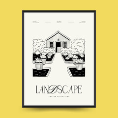 Abstract landscape interior contemporary minimal aesthetic. Hand drawn linear illustrations for wall decoration, postcards or brochures, cover design, stories, social media, app design.