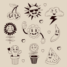 Vector Clipart Retro Groovy Elements. Funny Characters With Faces Funky Flower Power, Daisy Flower, Cactus, Flowerpot, Sun, Cherry, Lightning Cloud, Banana And Watermelon. Isolated Linear Hand Doodle.