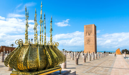 Beautiful square with Hassan tower at Mausoleum of Mohammed V in Rabat, Morocco on sunny day