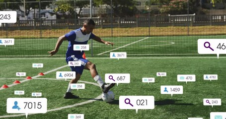 Wall Mural - Animation of social media icons over biracial male soccer player practicing on sports field