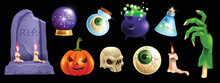 Halloween Sticker Set, Vector Game Monster Witch Icon Kit, Stone Grave, Smiling Pumpkin, Zombie Hand. Magic Potion Cauldron, Glass Vial, Round Eye, Crystal Ball Skull. Fantasy Spooky Halloween Clipart