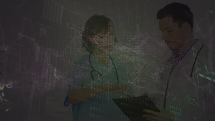 Poster - Animation of data processing with world map over diverse doctors