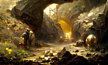 Artistic Painting Concept Of Gold Mine And Small Gold Nuggets Lie Scattered On The Ground. Creative Design, Natural Colors, Digital Art Style, Illustration Painting.