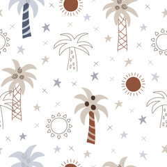 Nordic hand drawn print with palm and sun on white background. Seamless vector pattern for kids apparel or nursery