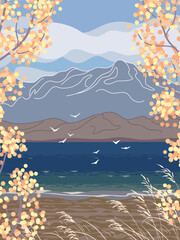 Wall Mural - Autumn Landscape with  Blue Sea, Mountains and  Yellow  Trees