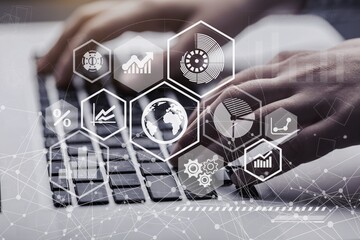 Poster - Business hands working on laptop computer at office with digital diagram, personal data, financial graph interfaces network technology icons, virtual screen. business intelligence