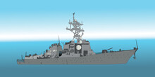 Battleship, US Navy Arleigh Burke-class Flight II Guided Missile Destroyer In The Atlantic USA, Military Ship, Destroyer, Missile, Armed Forces. Vector Image For Illustrations And Infographics.

