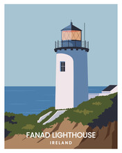 Fanad Lighthouse Vector Landscape. Travel To Donegal Ireland. Vector Illustration For Poster, Postcard, Art Print With Minimalist Style.