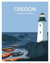 Travel Poster Yaquina Head Lighthouse On The Oregon Coast Landscape Vector Illustration With Minimalist Style.